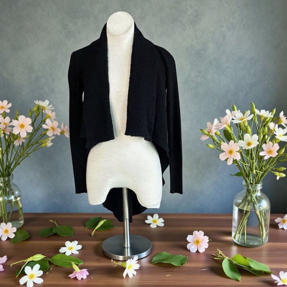 SEN Black Cardigan Sweater Ribbed Knit Open Drape Asymmetrical Hi Low